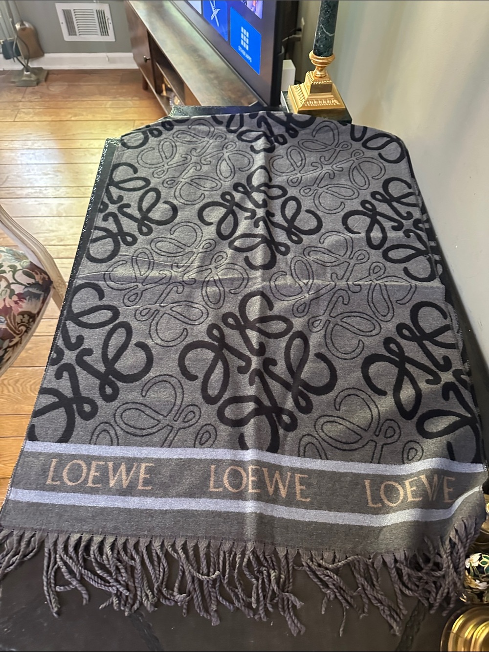 Gray & Black Jacquard Logo with Fringe scarf 🧣